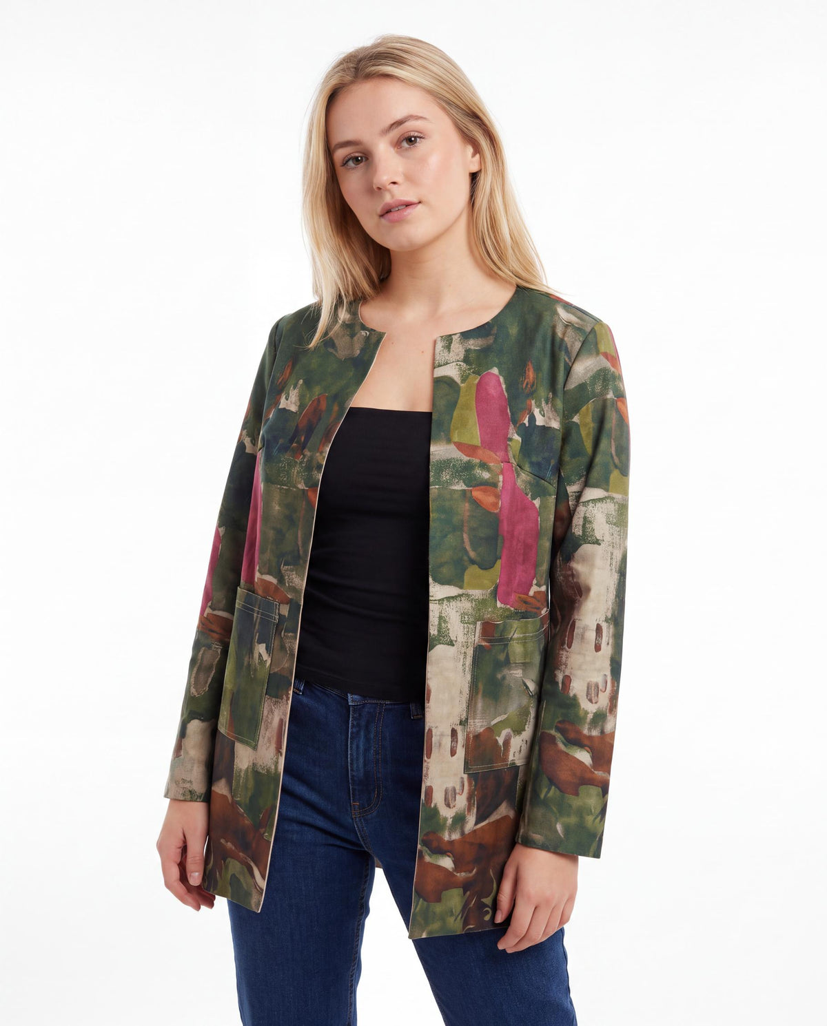 Printed Collarless Longline Jacket