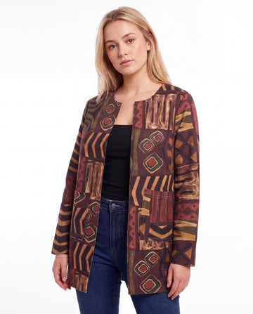 Printed Collarless Longline Jacket