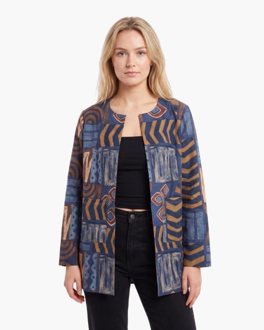 Printed Collarless Longline Jacket
