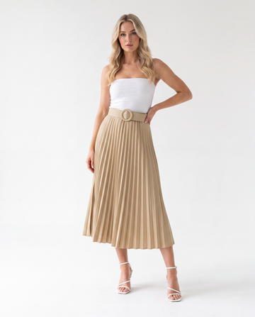 Women's Pleated Midi Skirt with Statement Buckle Belt