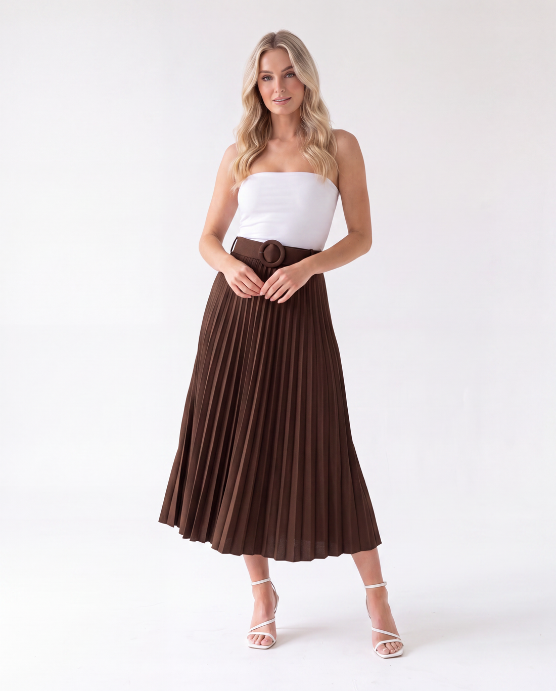 Women's Pleated Midi Skirt with Statement Buckle Belt