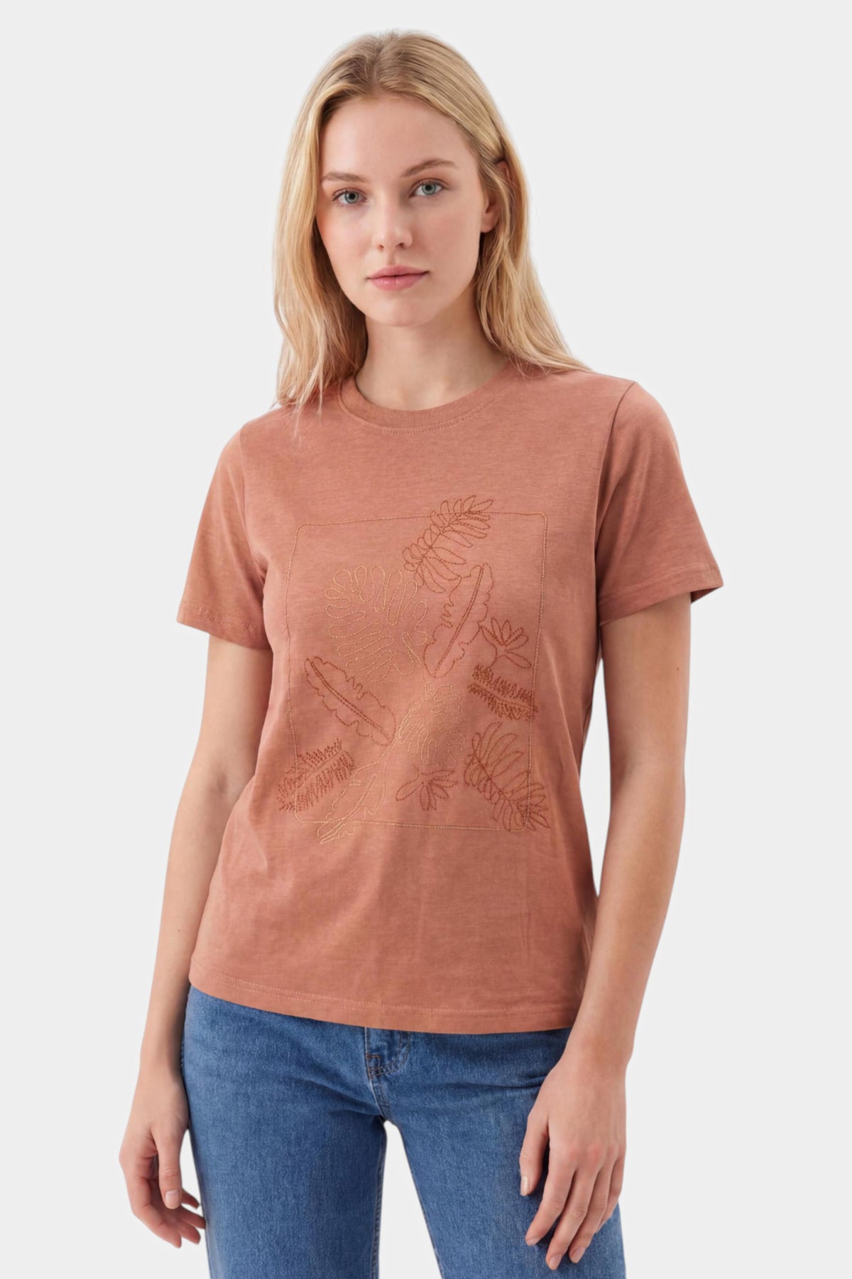 Tropical Leaf Embroidered T-Shirt