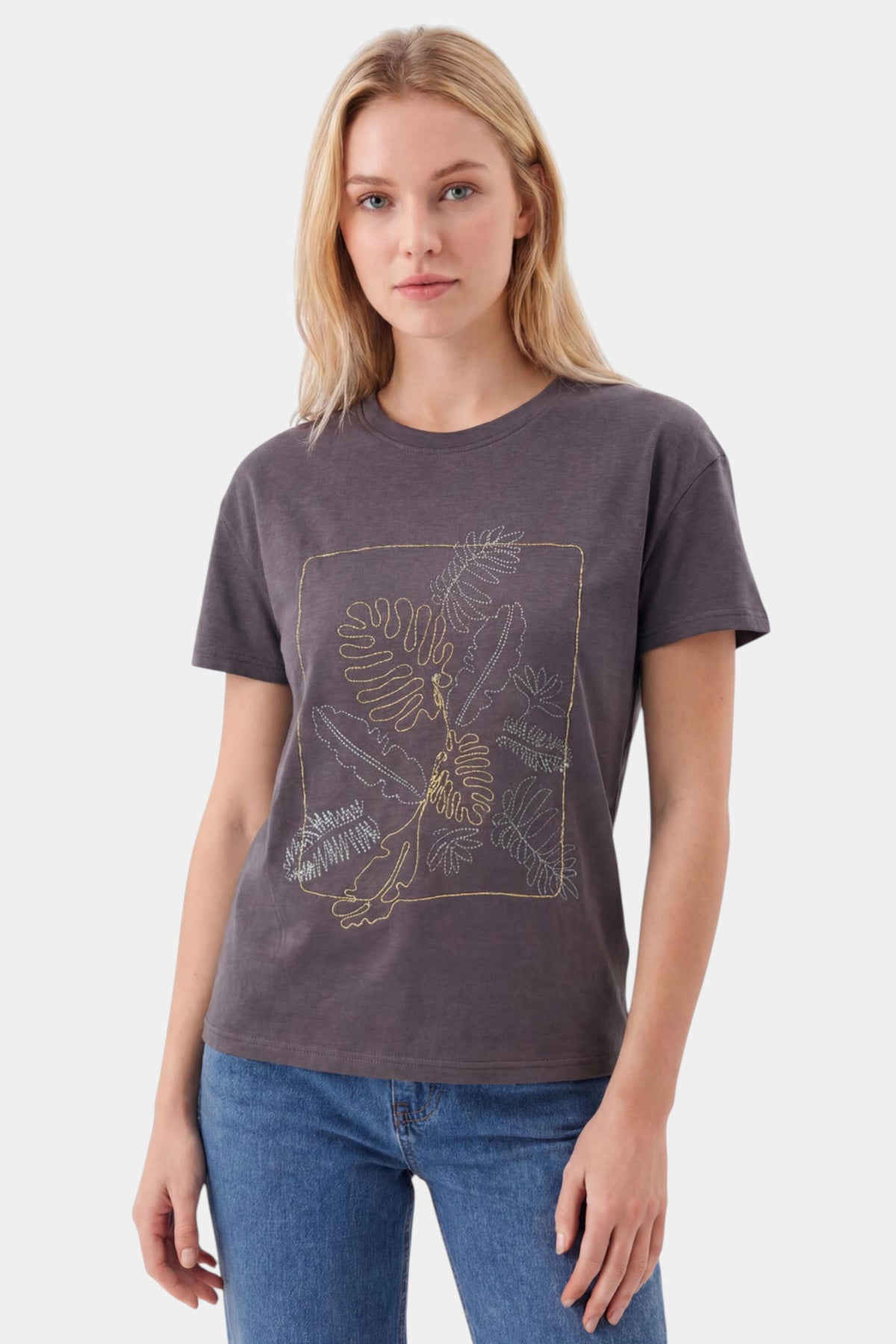 Tropical Leaf Embroidered T-Shirt