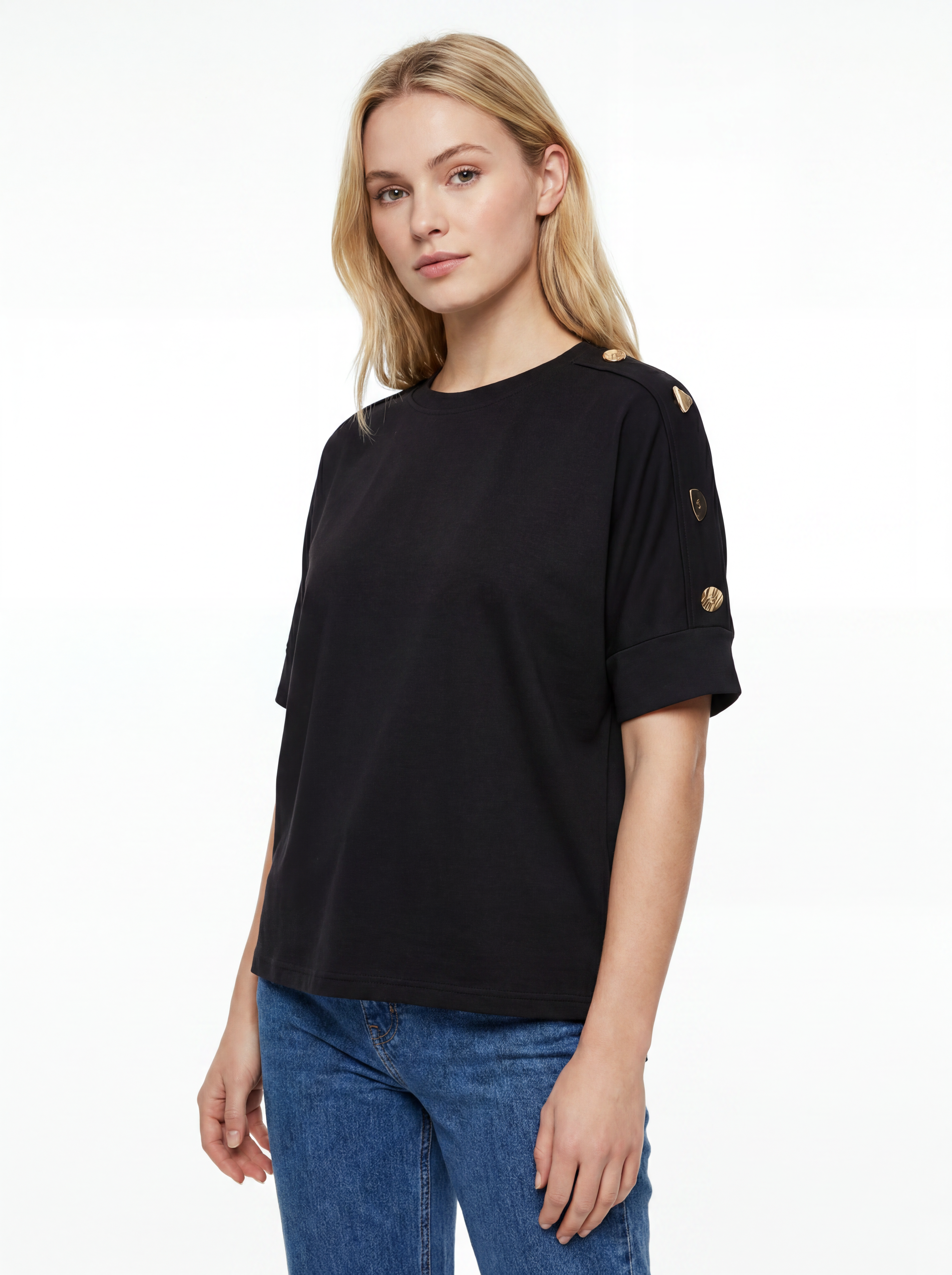 Gold Button Detail Cotton Tee