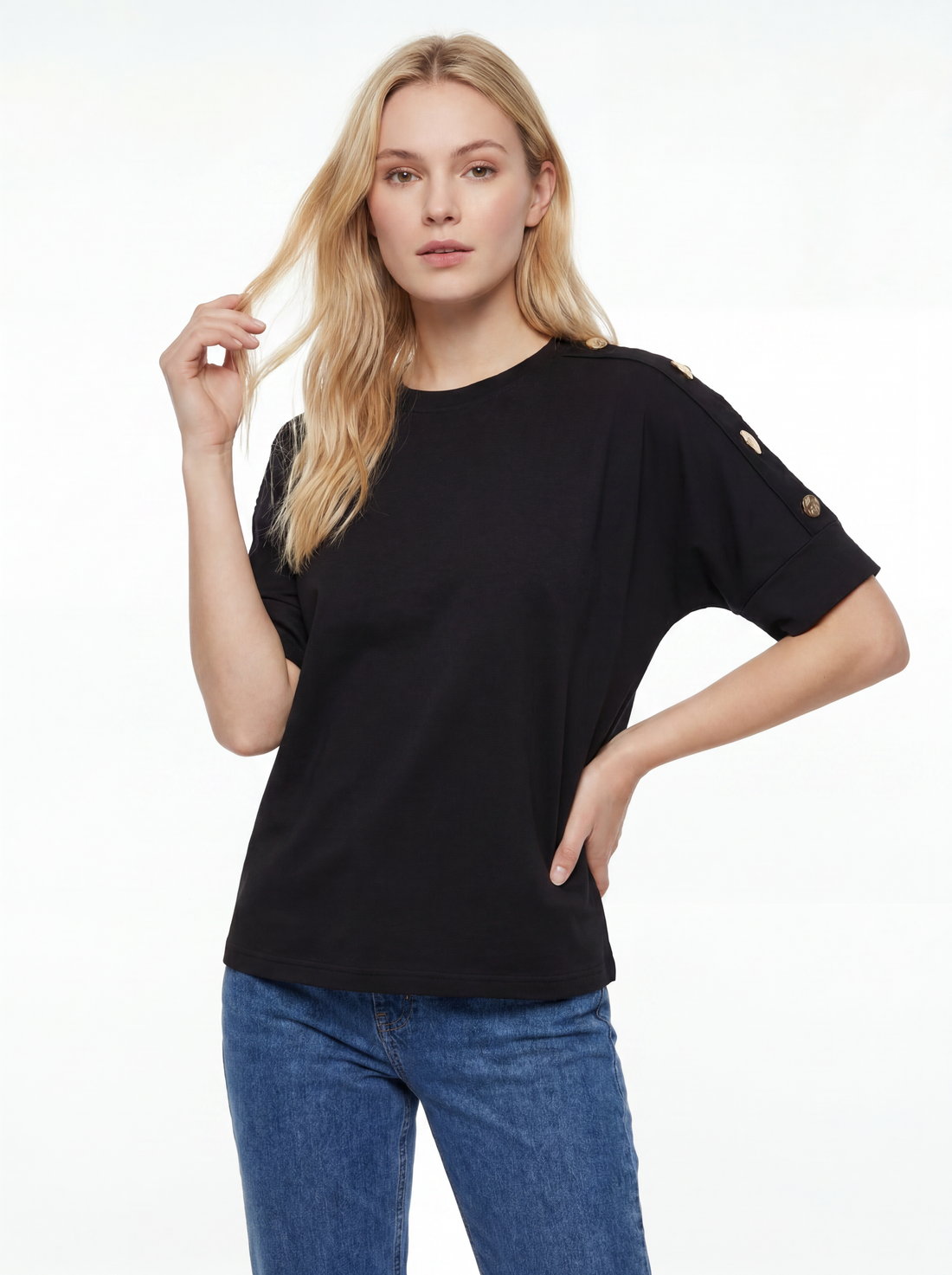 Gold Button Detail Cotton Tee