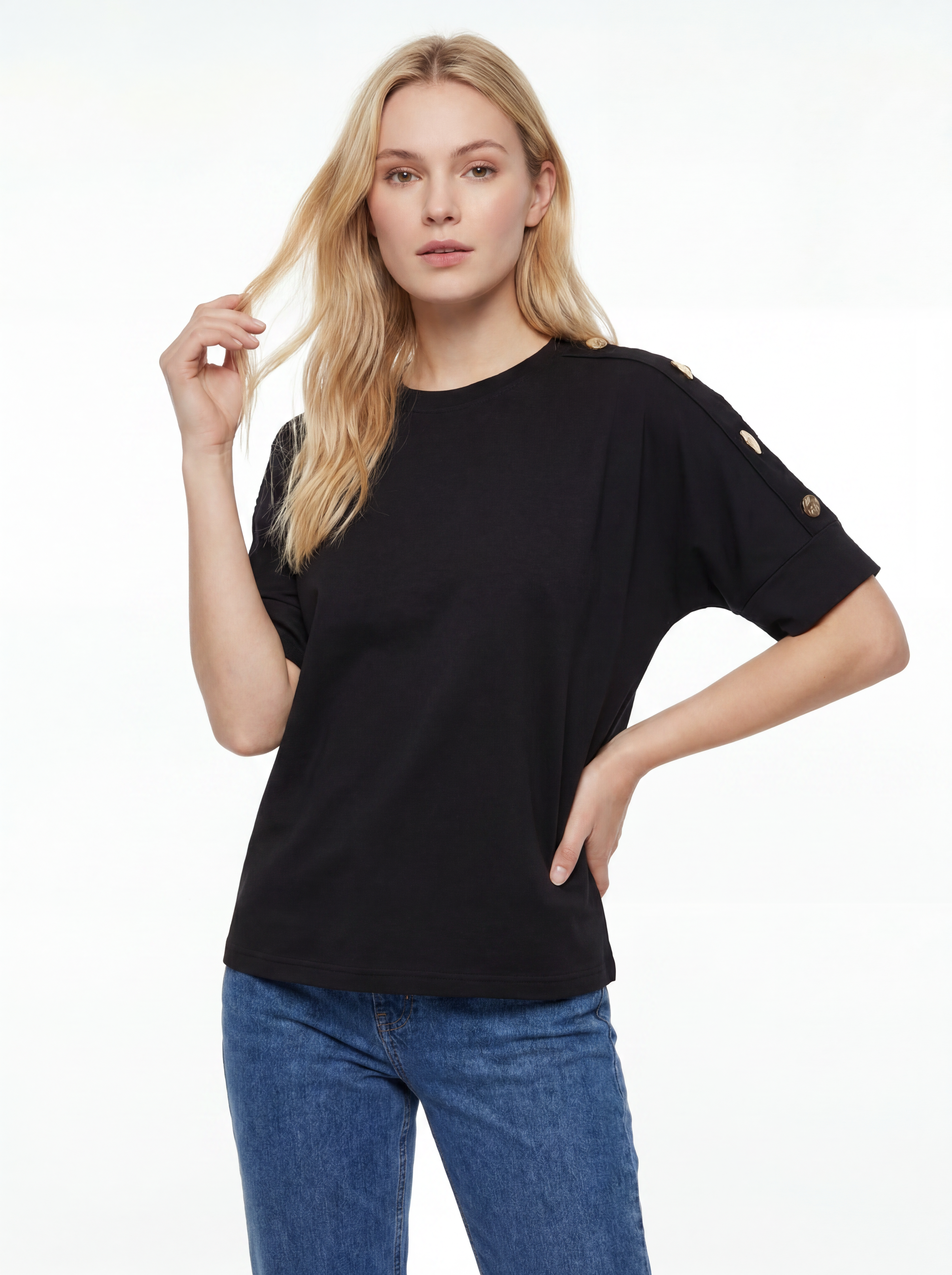 Gold Button Detail Cotton Tee