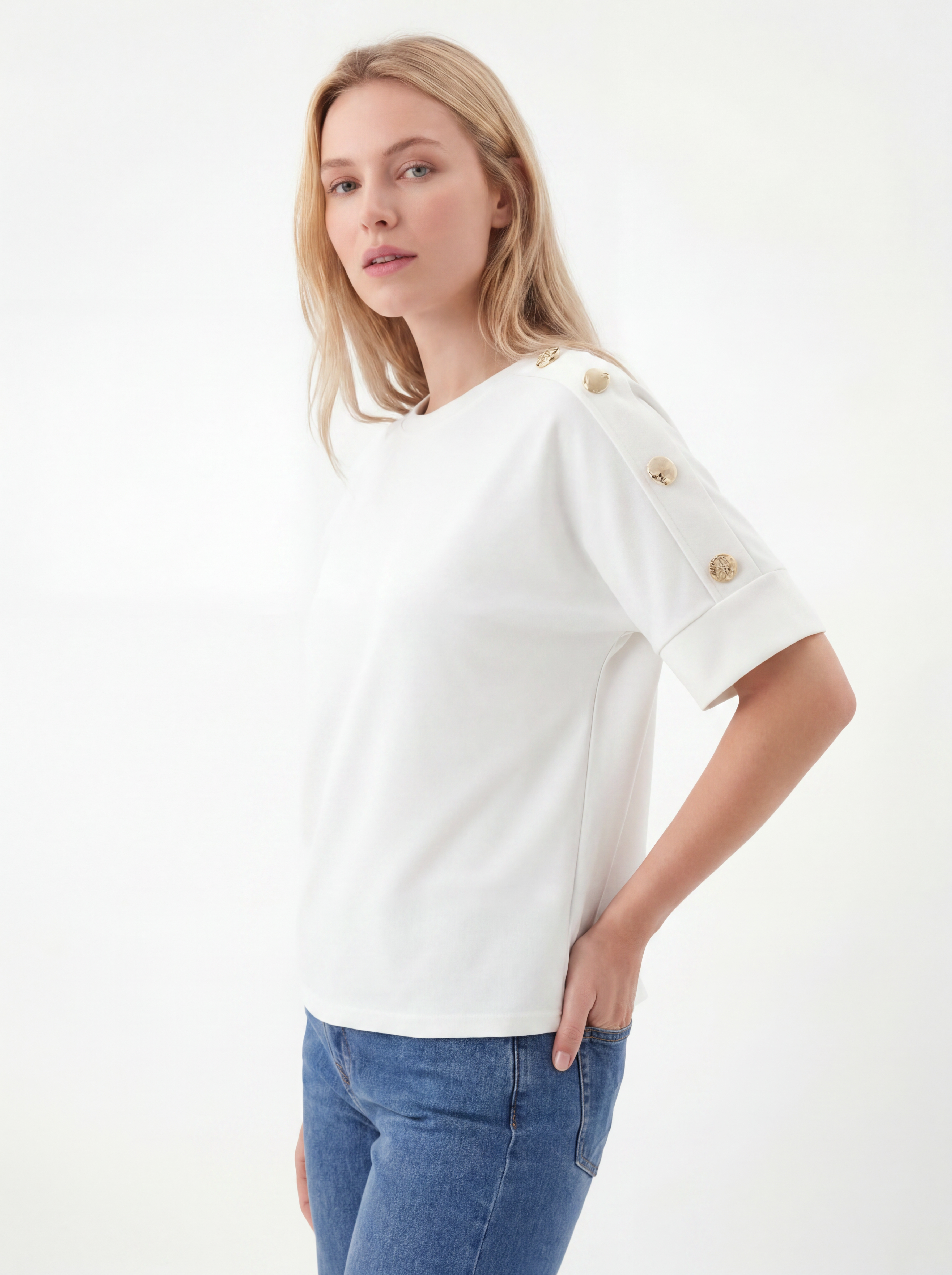 Gold Button Detail Cotton Tee