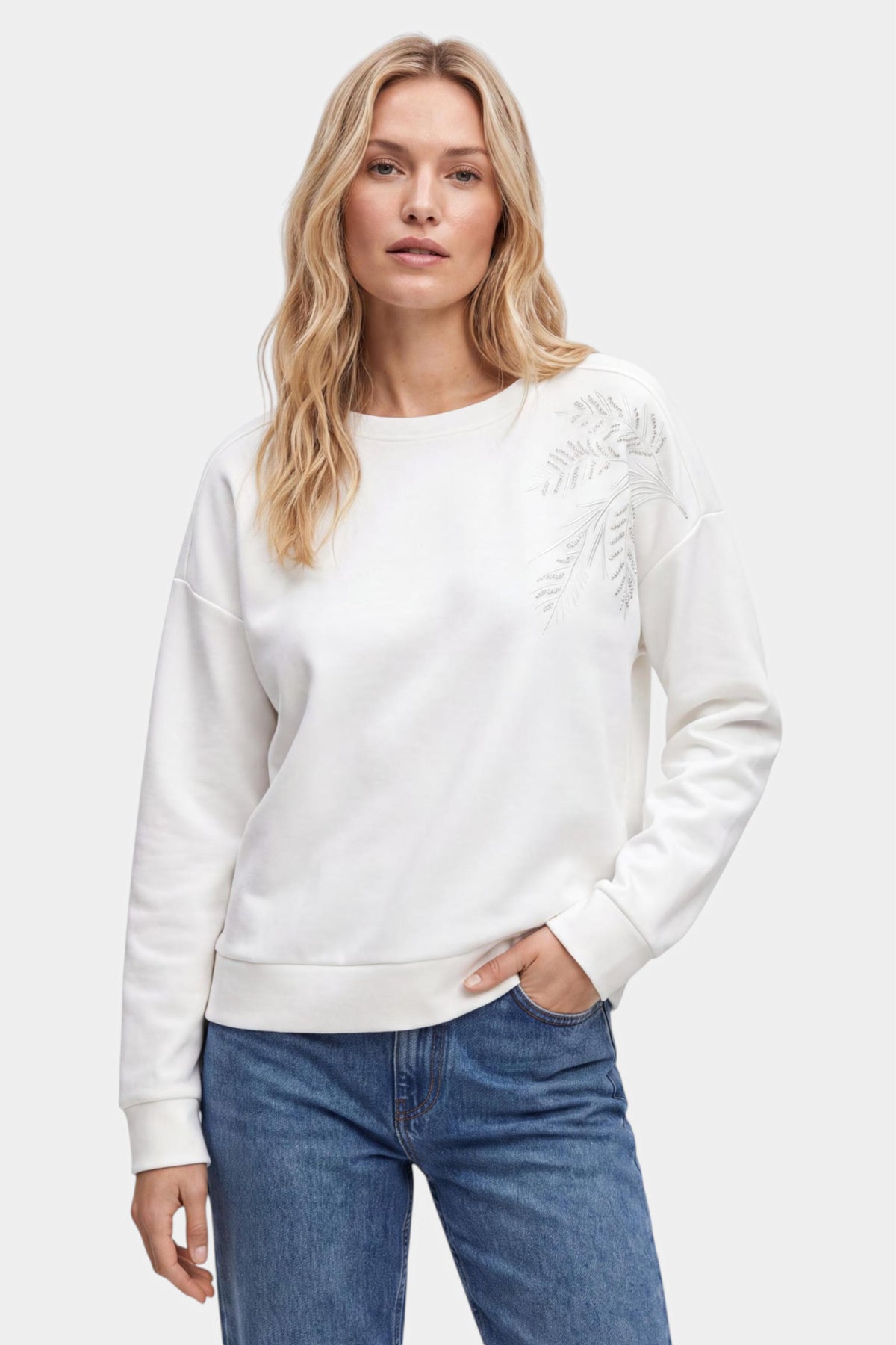 White Embroidered Leaf Motif Sweatshirt
