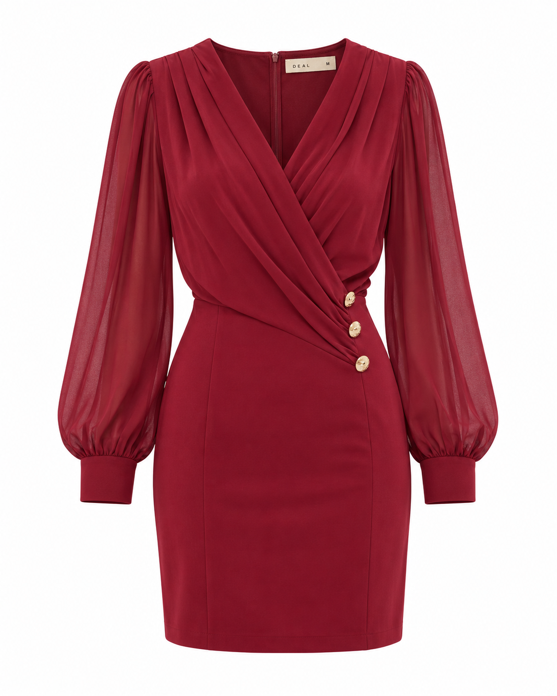 Draped Wrap Mini Dress with Sheer Sleeves