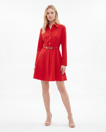 Long Sleeve Fit and Flare Mini Belted Collared Shirt Dress