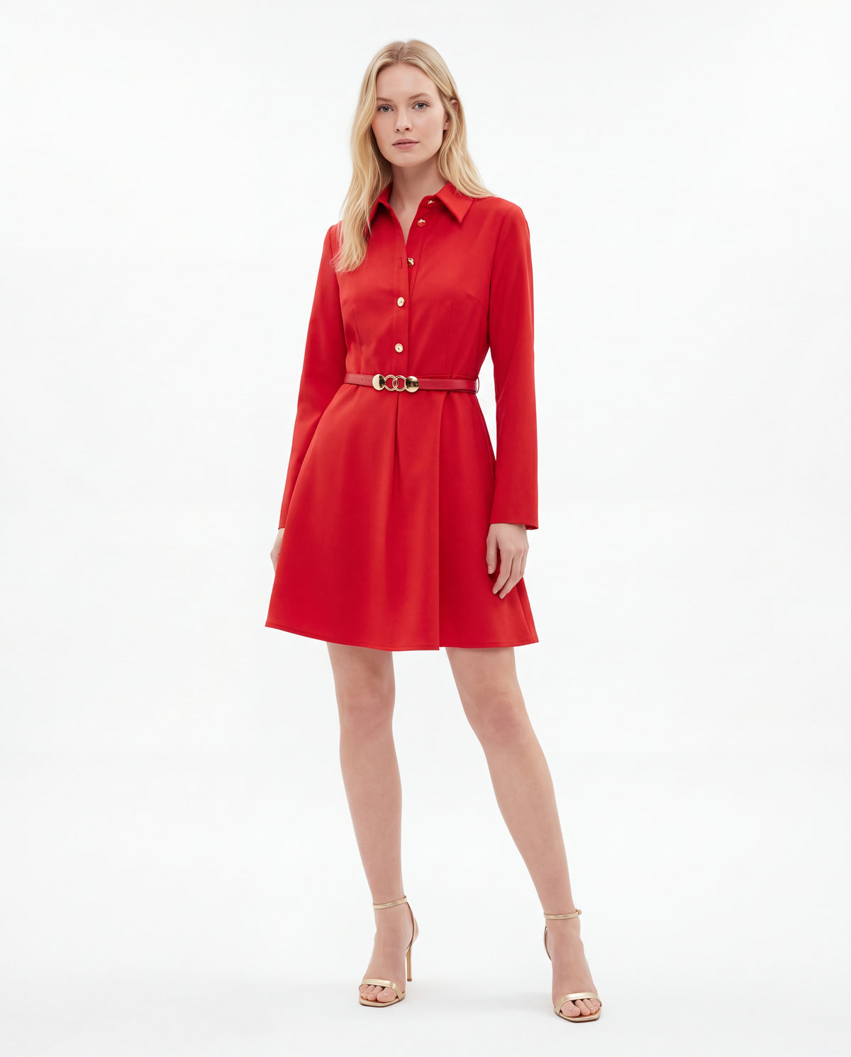 Long Sleeve Fit and Flare Mini Belted Collared Shirt Dress