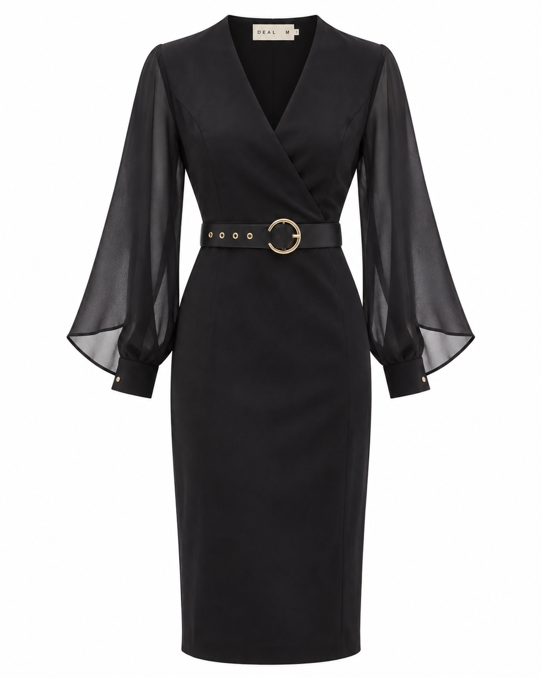 Belted Wrap Midi Dress with Sheer Bell Sleeves