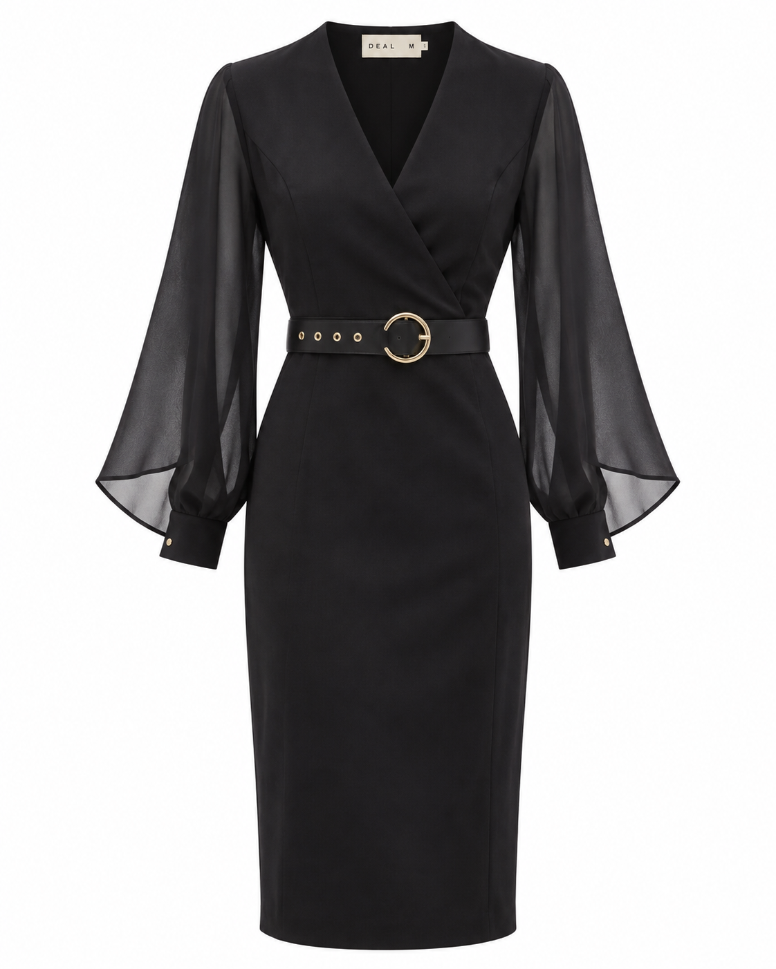 Belted Wrap Midi Dress with Sheer Bell Sleeves