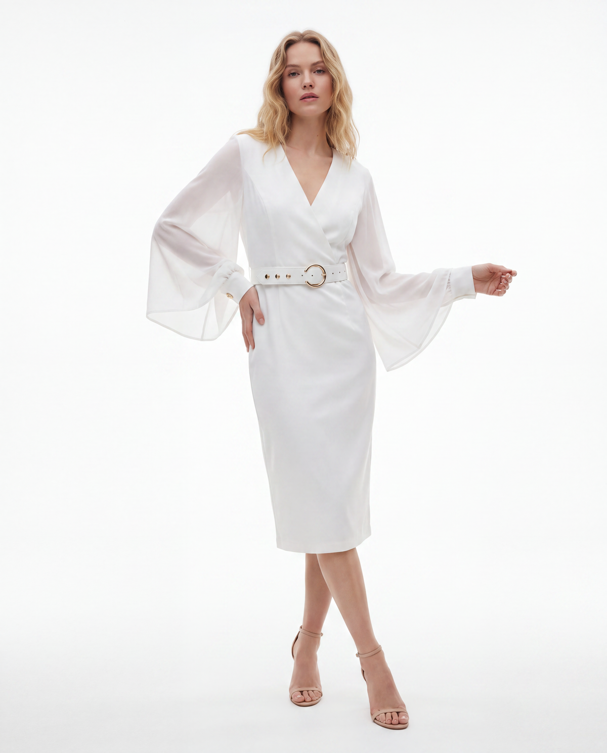 Belted Wrap Midi Dress with Sheer Bell Sleeves