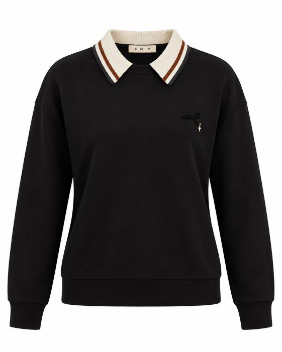 Contrast Knit Collar Sweatshirt with Bow Charm Detail