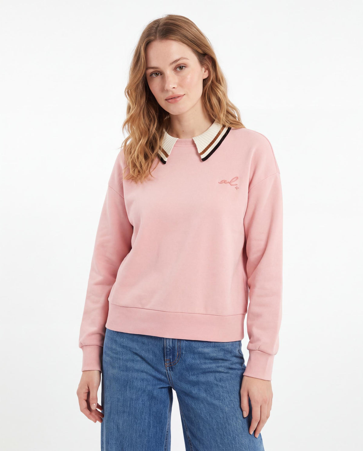 Contrast Knit Collar Sweatshirt with Bow Charm Detail