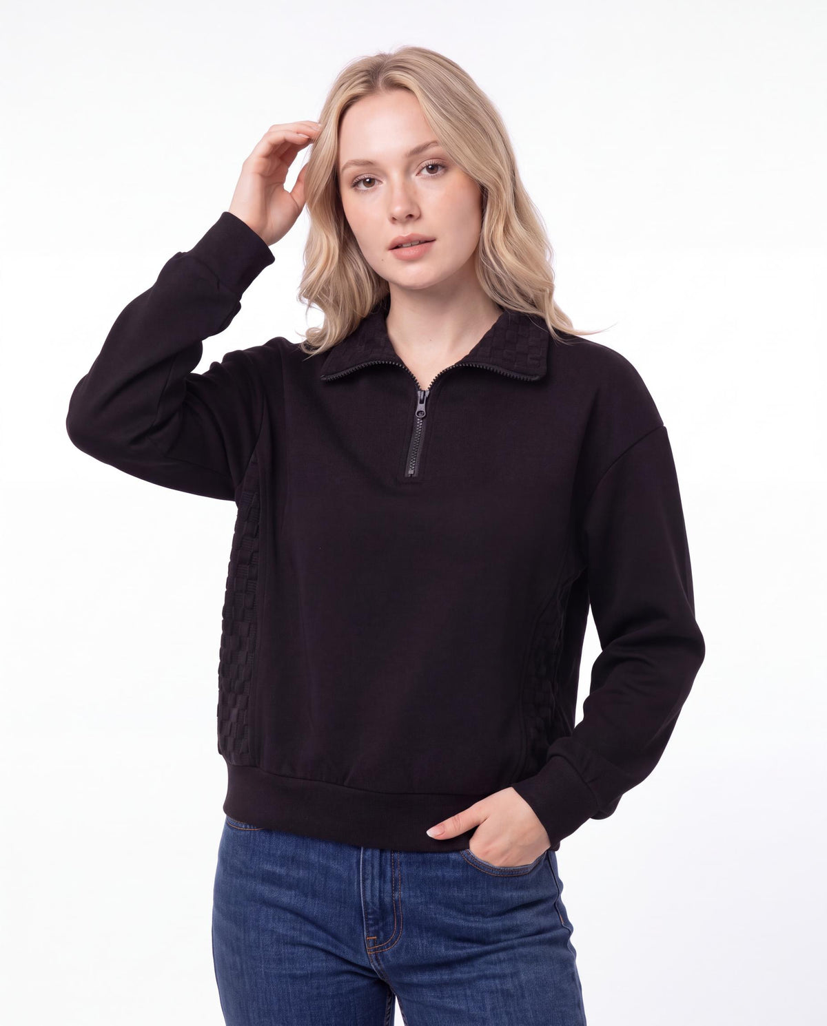 Quarter Zip Sweatshirt with Textured Panel Detail