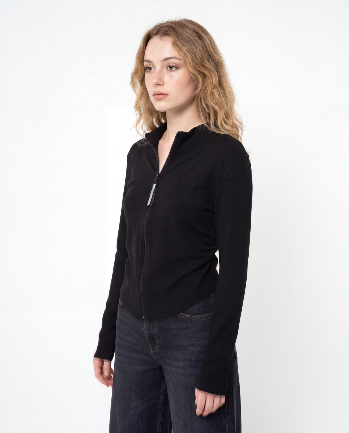 Ruched Side Zip Front Ribbed Top