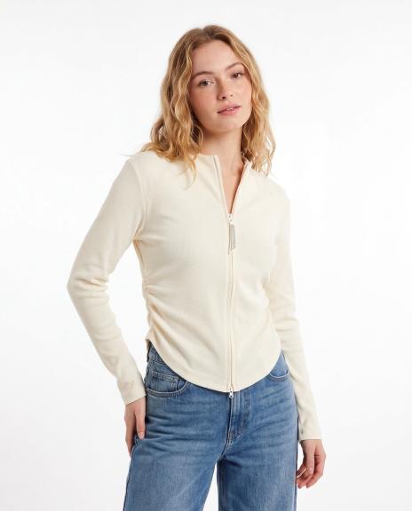 Ruched Side Zip Front Ribbed Top