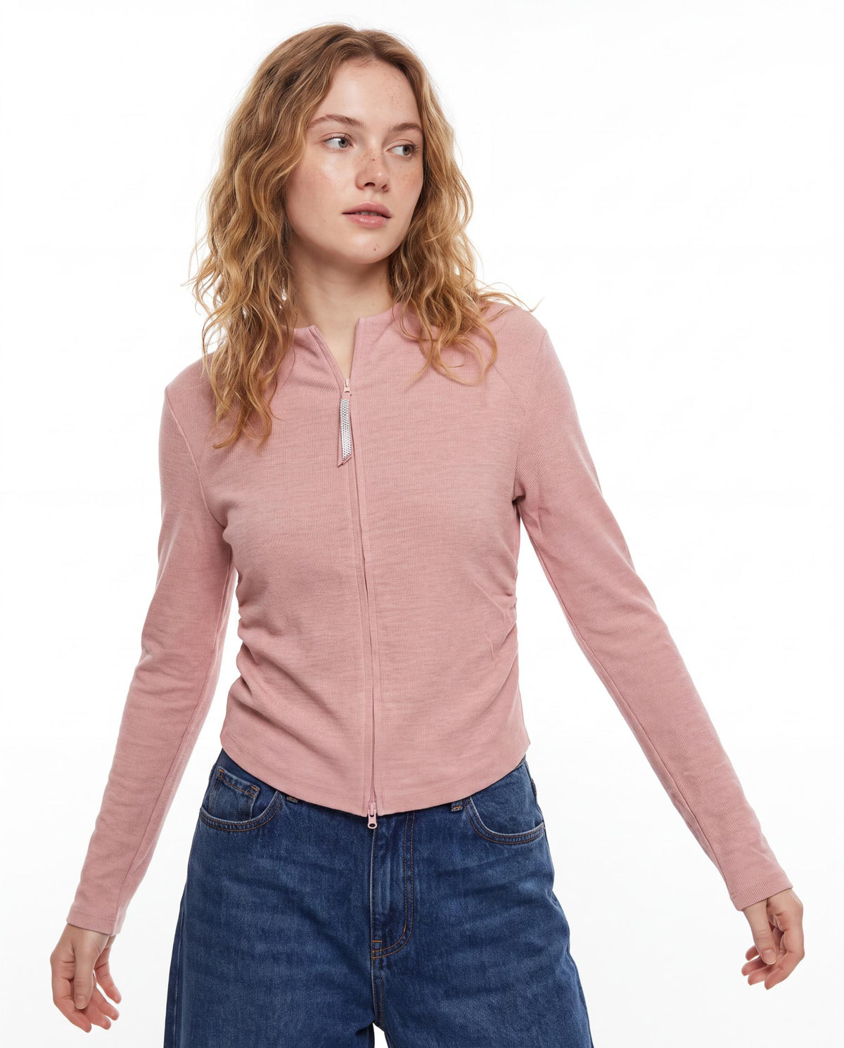 Ruched Side Zip Front Ribbed Top