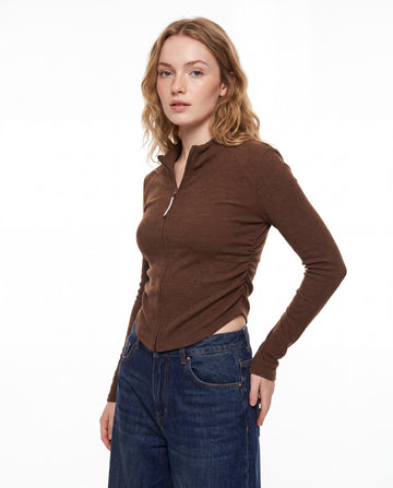 Ruched Side Zip Front Ribbed Top