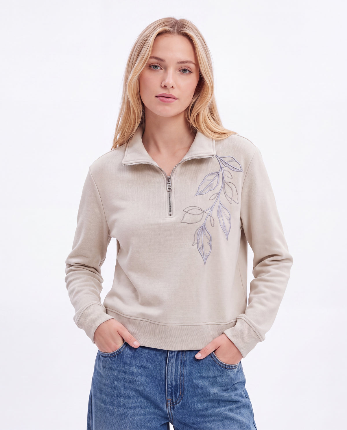 Half-Zip Leaf Embroidered Sweatshirt