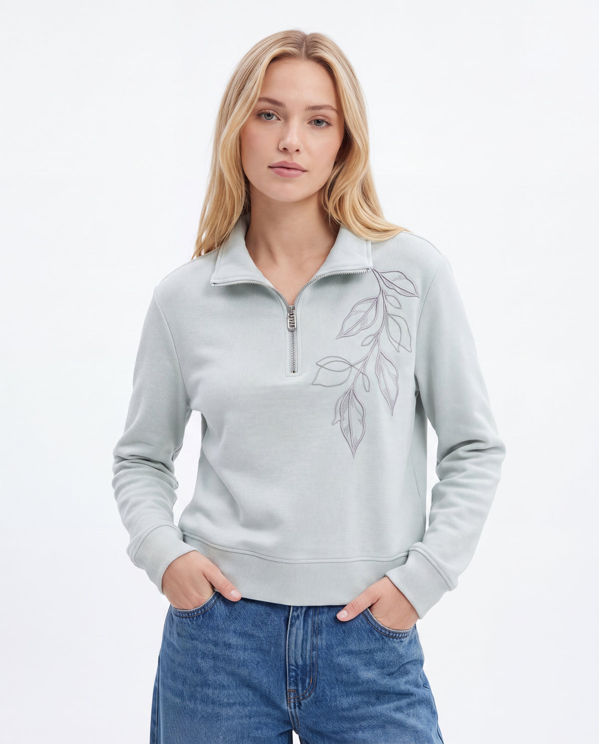 Half-Zip Leaf Embroidered Sweatshirt