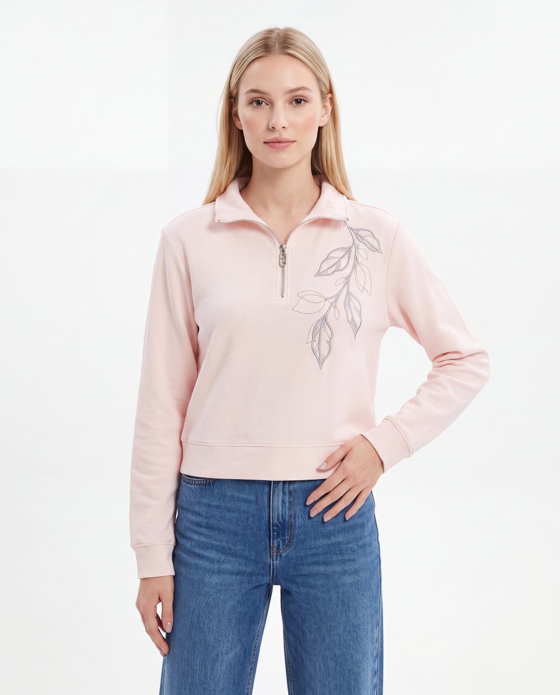 Half-Zip Leaf Embroidered Sweatshirt