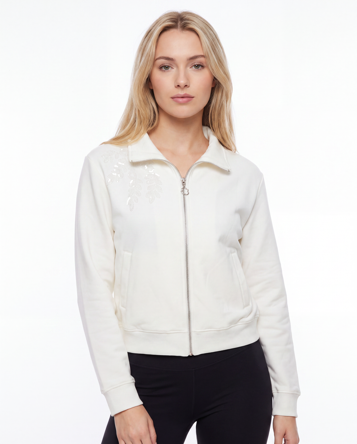 Embellished High Neck Zip-Through Sweatshirt
