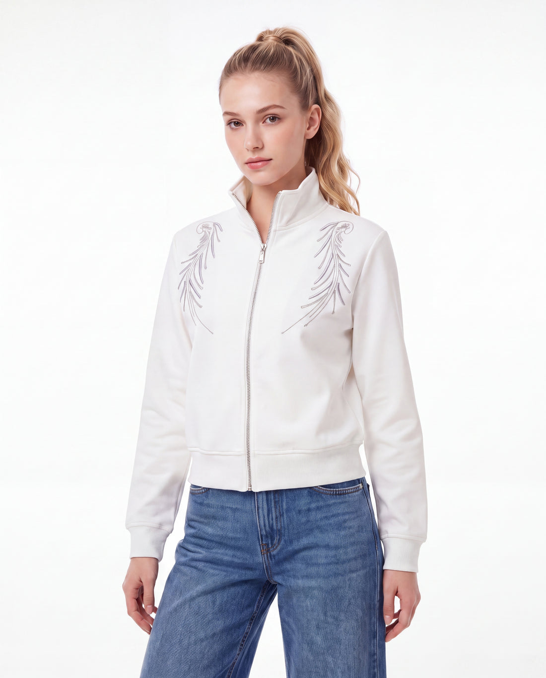 Embroidered High Neck Zip-Through Sweatshirt