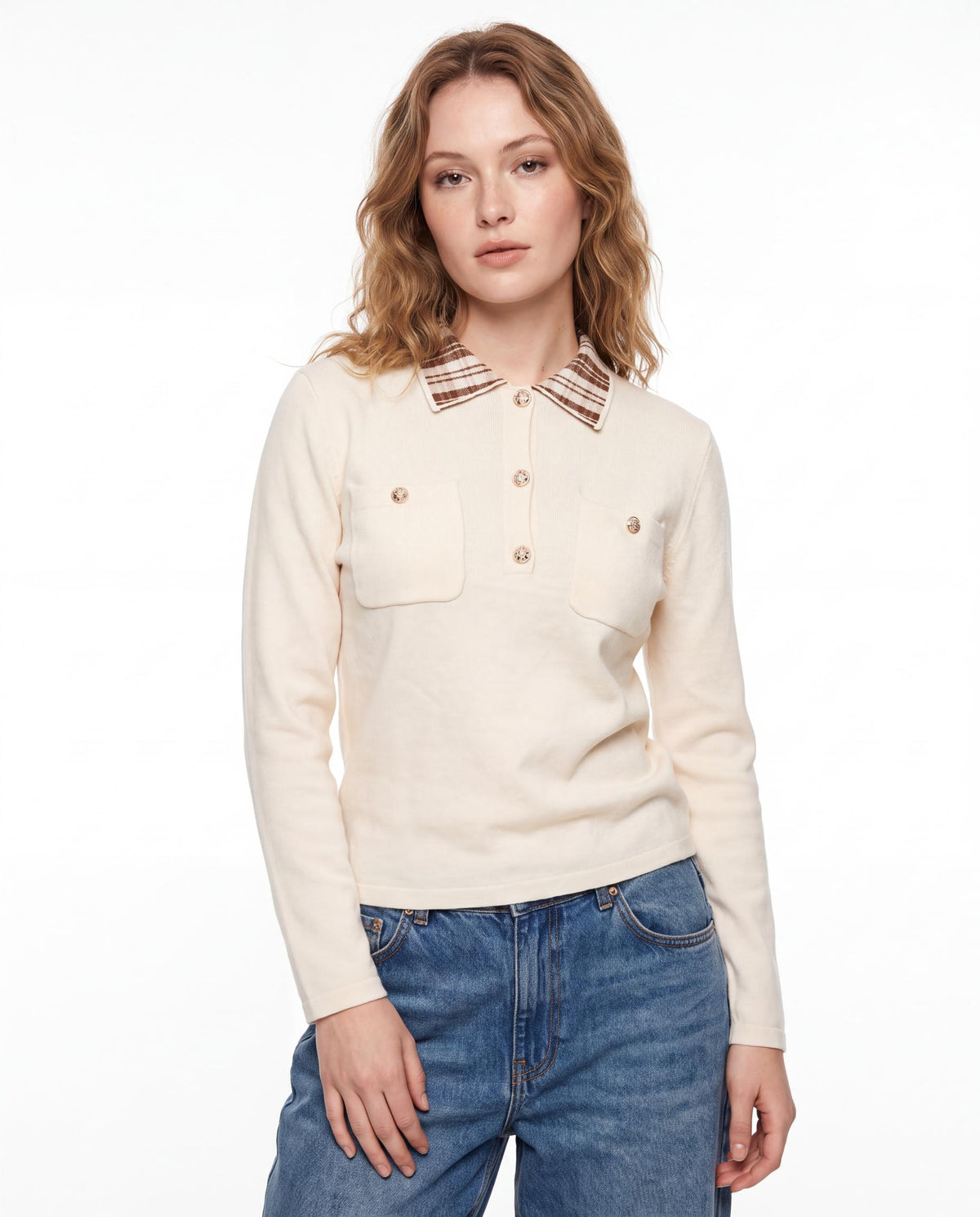 Knit Polo Top with Plaid Collar & Gold Buttons