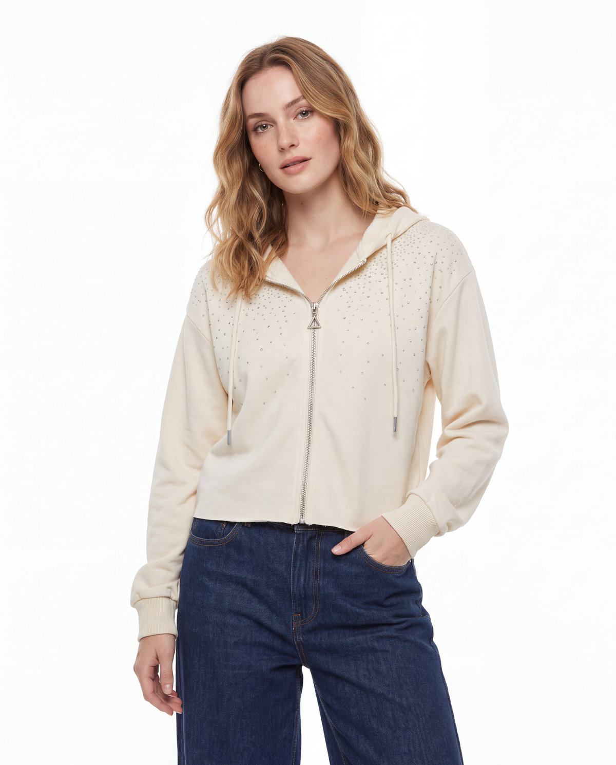 Rhinestone Embellished Cropped Zip Up Hoodie