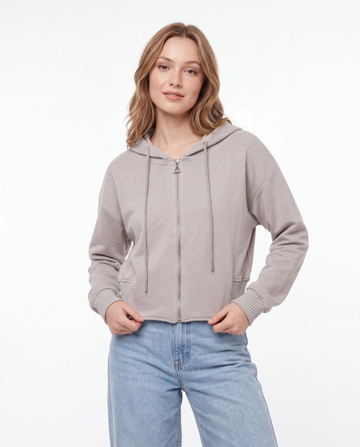 Rhinestone Embellished Cropped Zip Up Hoodie