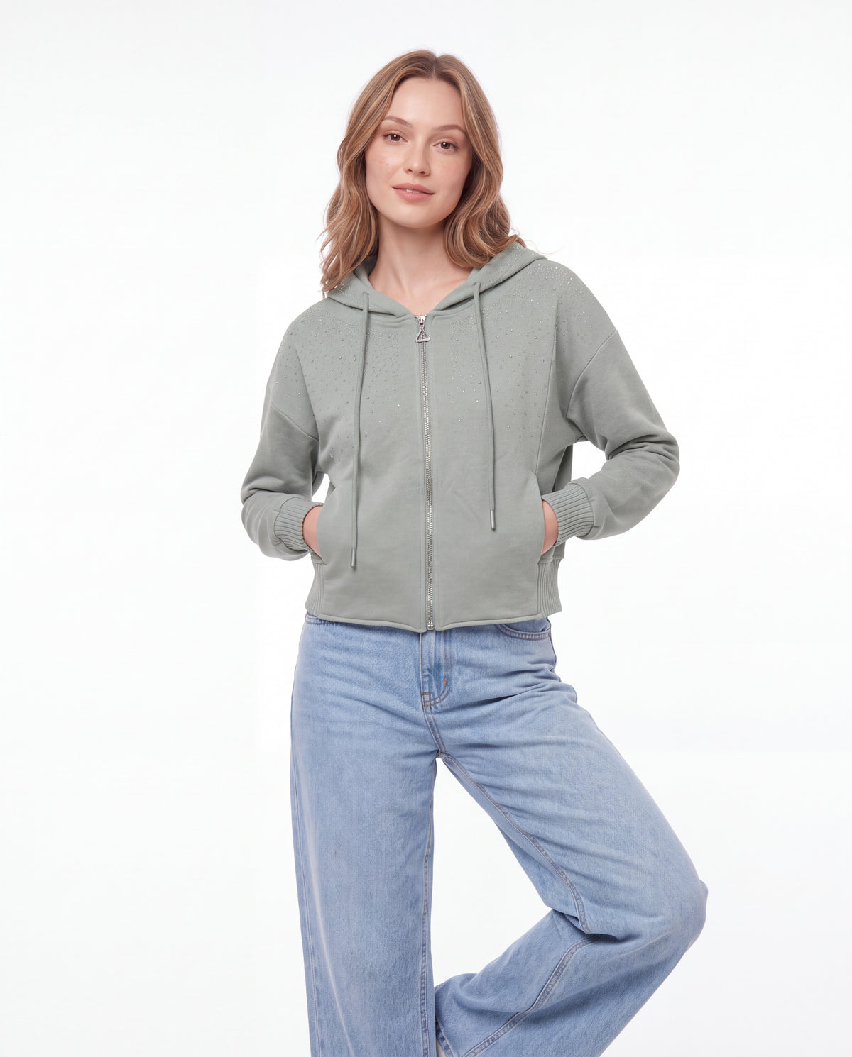 Rhinestone Embellished Cropped Zip Up Hoodie