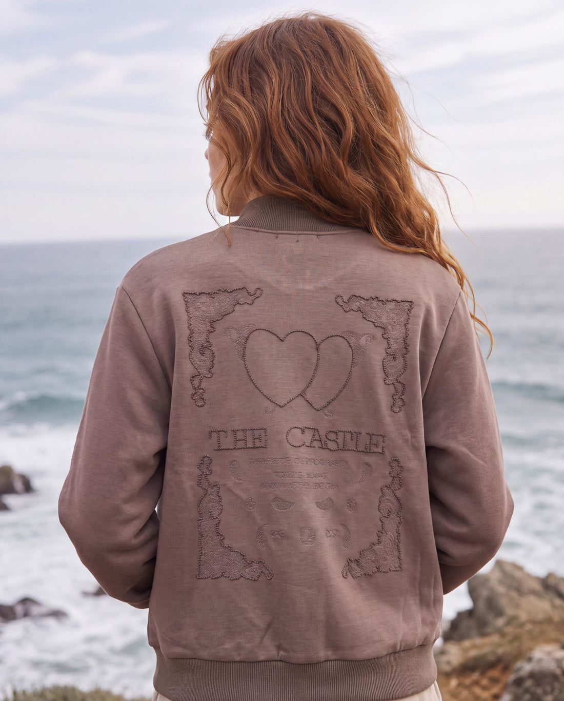Embroidered Back Bomber Sweatshirt Jacket