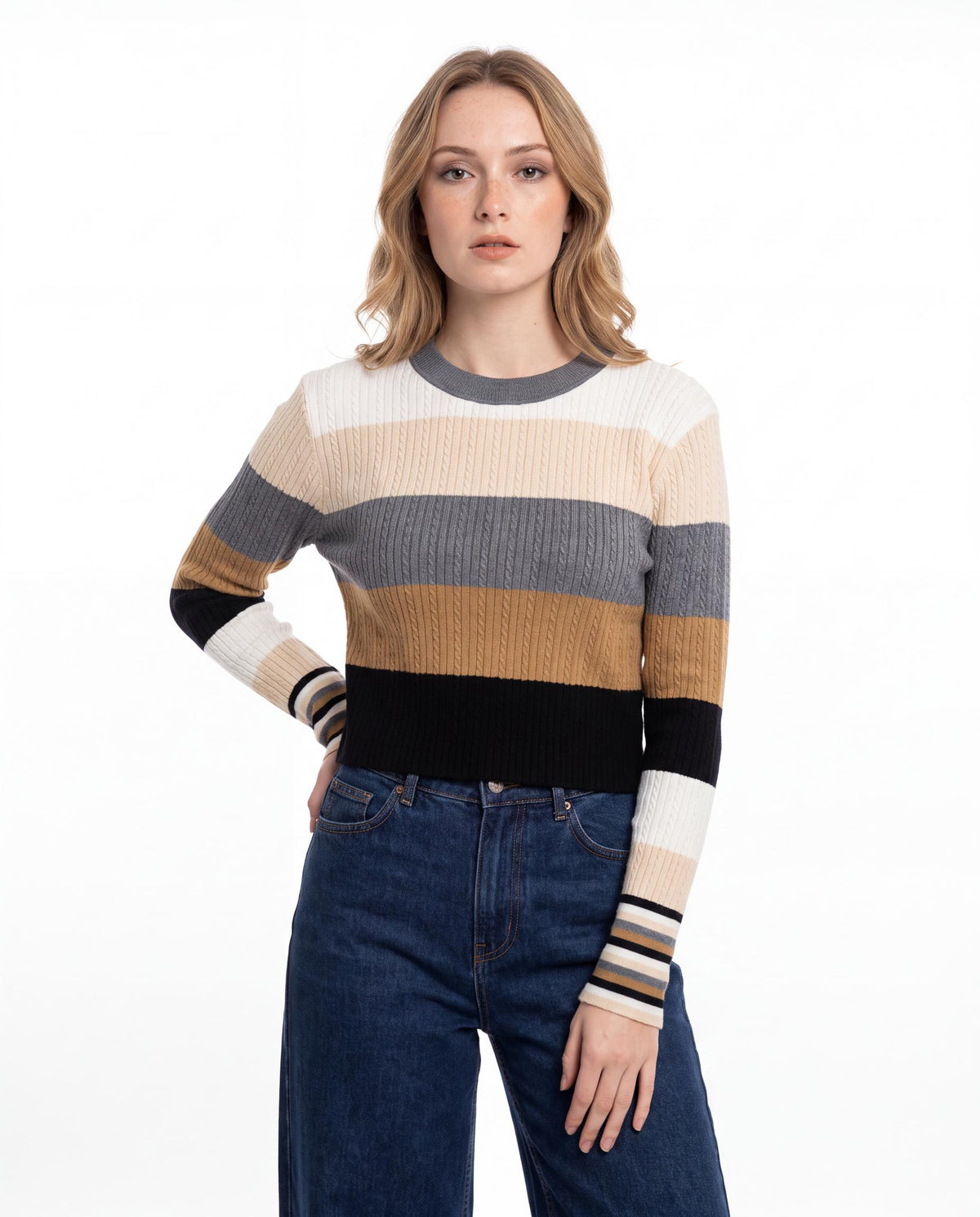 Striped Ribbed Knit Cropped Sweater