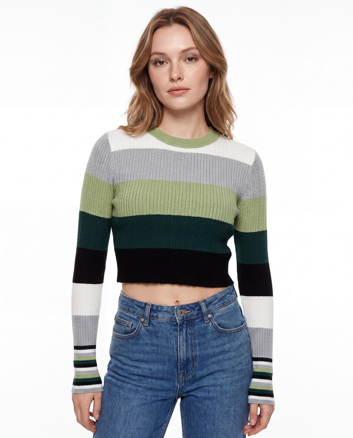 Striped Ribbed Knit Cropped Sweater