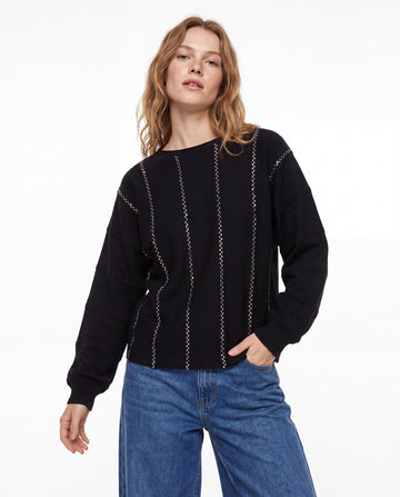Open-Stitch Stripe Crew Neck Sweater
