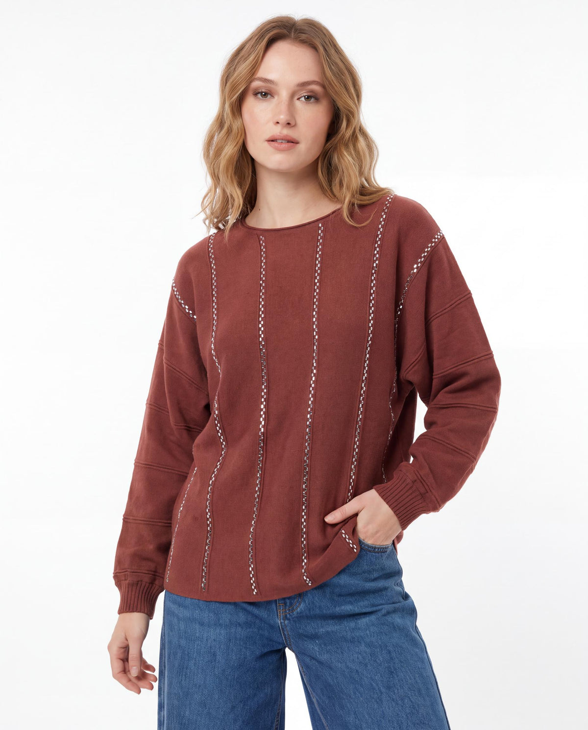 Open-Stitch Stripe Crew Neck Sweater