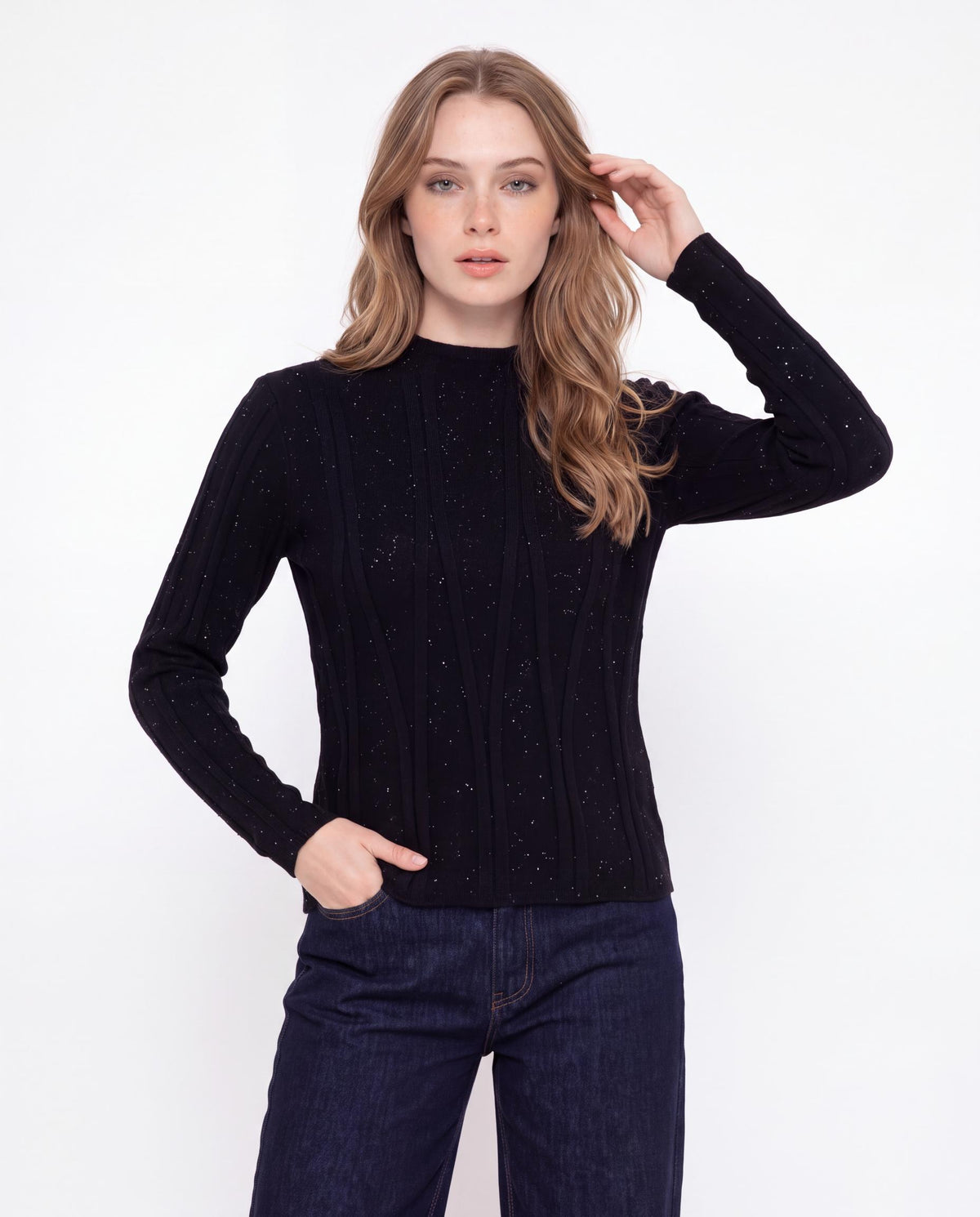 Long Sleeve Crew Neck Sparkle Ribbed Knit Sweater