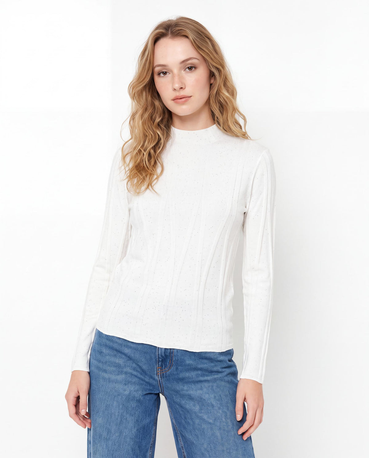 Long Sleeve Crew Neck Sparkle Ribbed Knit Sweater