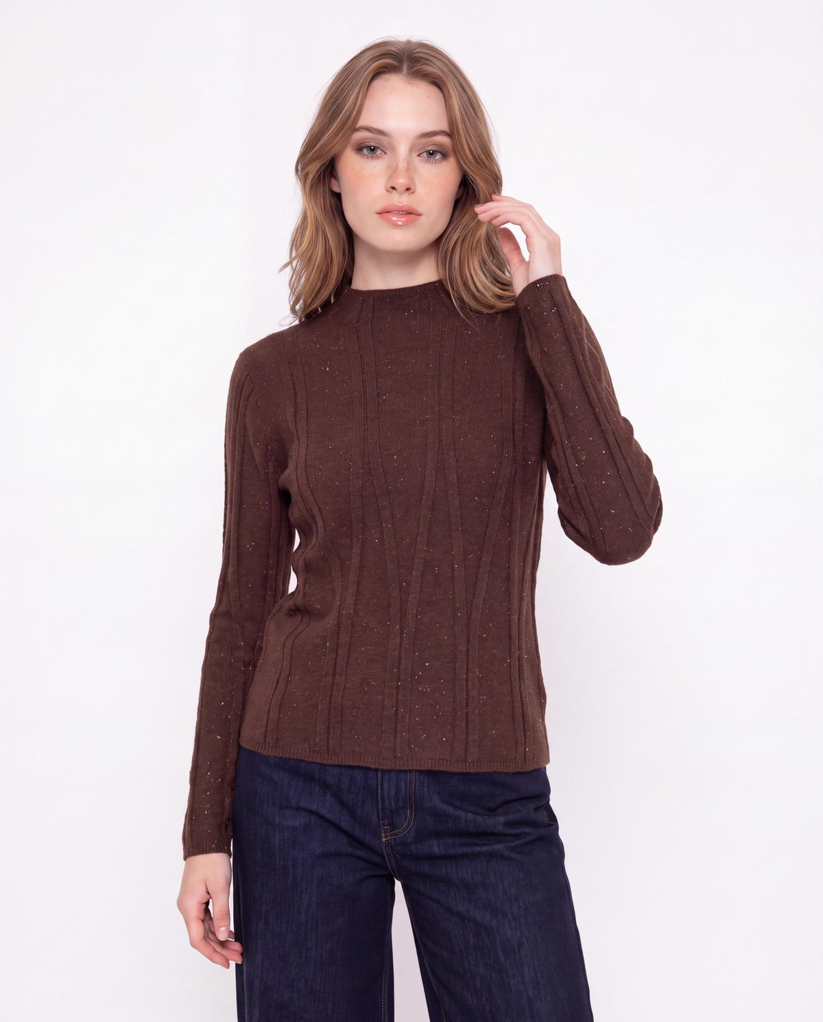 Long Sleeve Crew Neck Sparkle Ribbed Knit Sweater