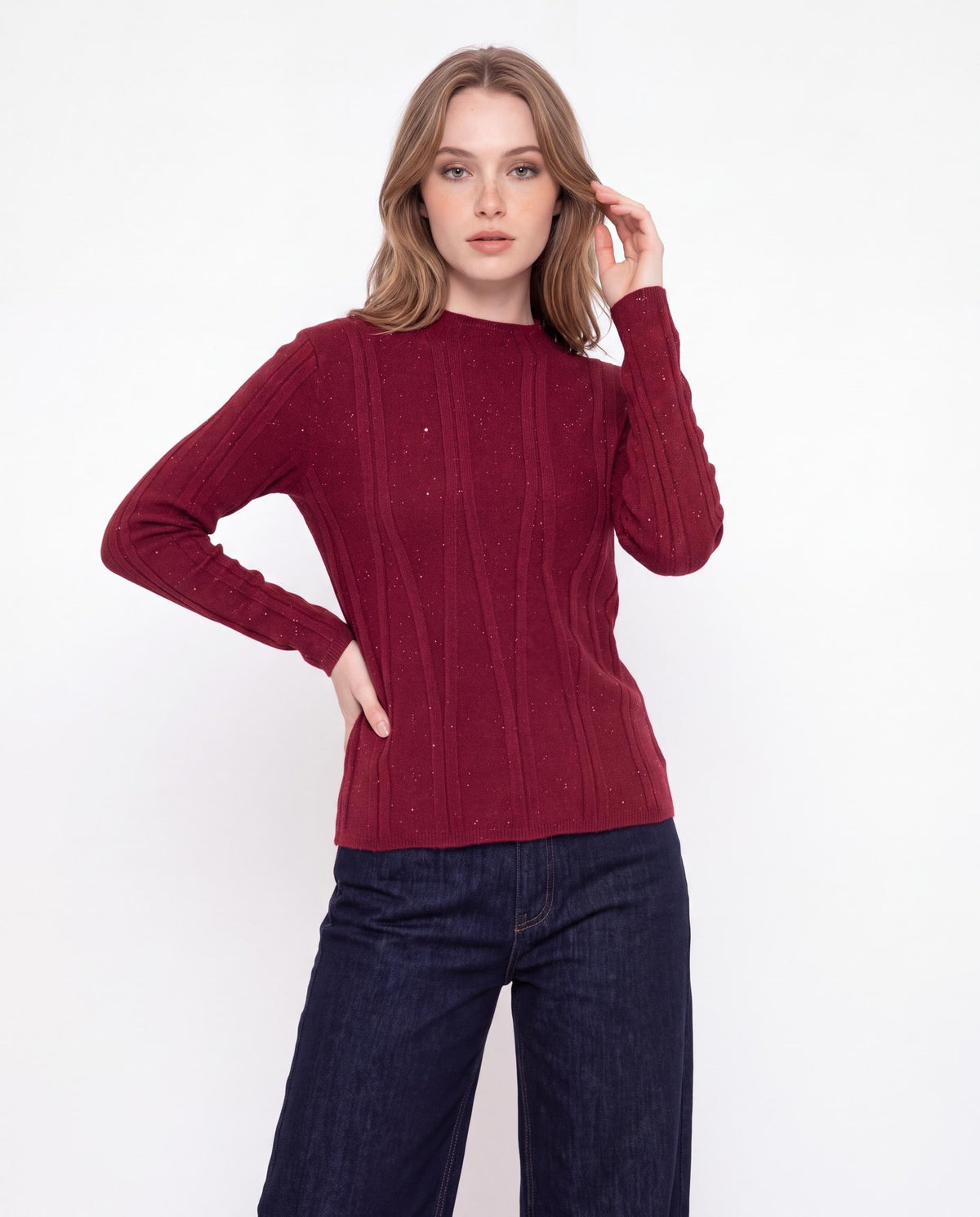 Long Sleeve Crew Neck Sparkle Ribbed Knit Sweater