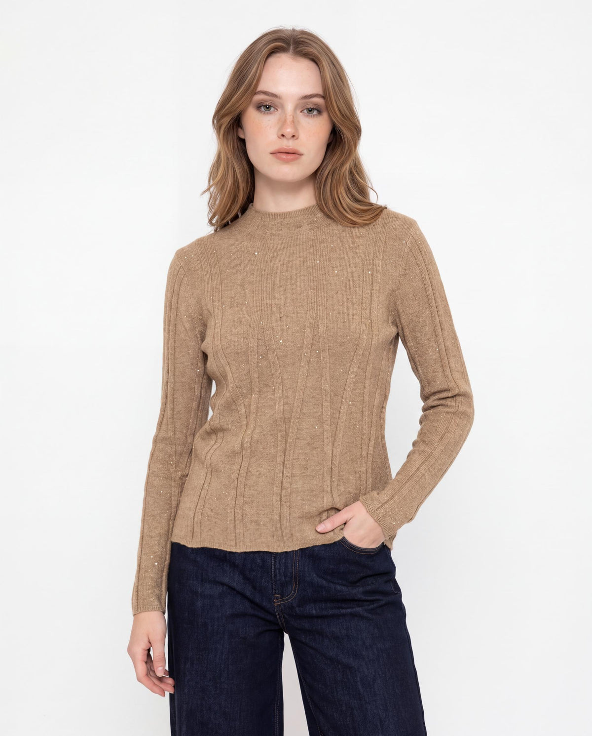 Long Sleeve Crew Neck Sparkle Ribbed Knit Sweater