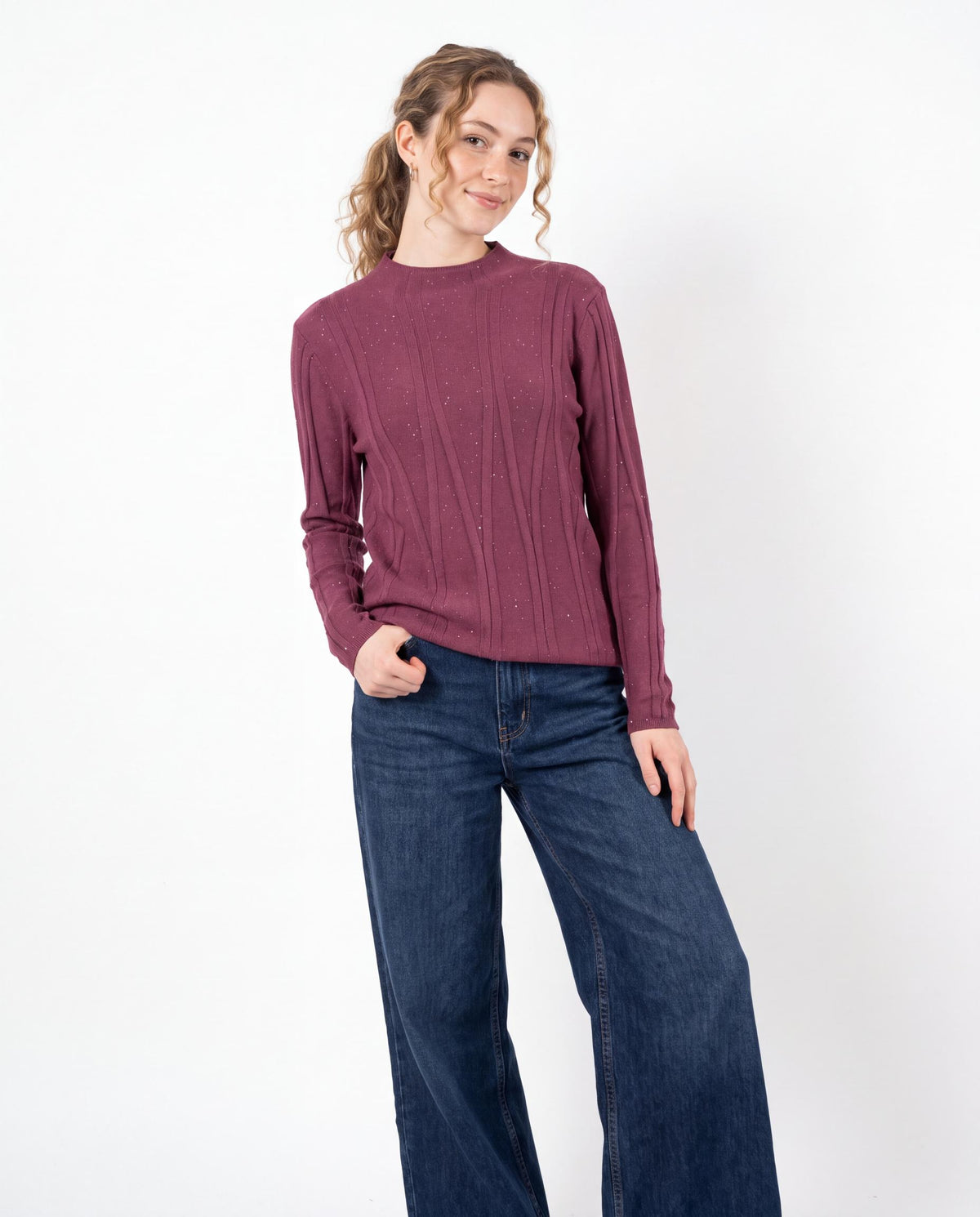 Long Sleeve Crew Neck Sparkle Ribbed Knit Sweater