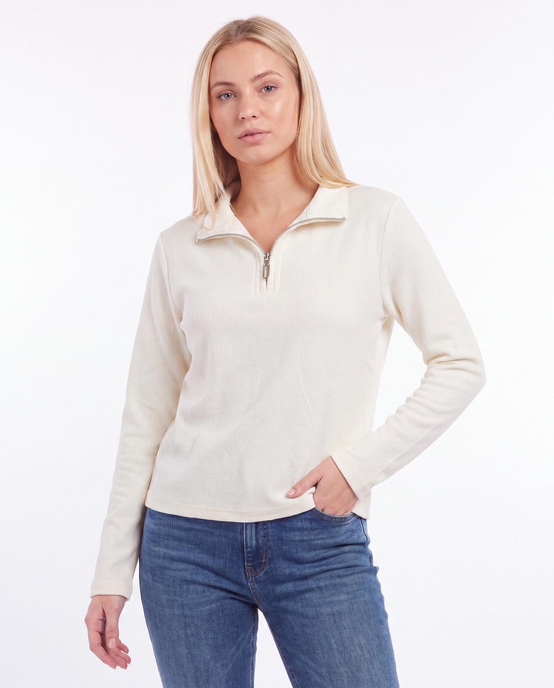 Ribbed Half-Zip High Neck Top