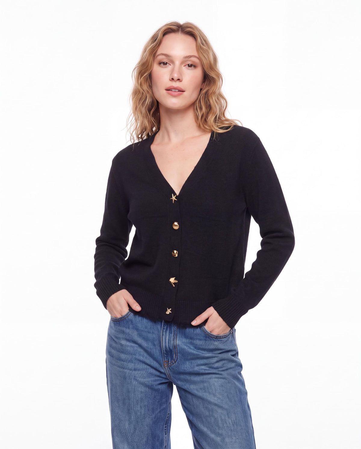 V-Neck Cardigan with Gold Novelty Buttons