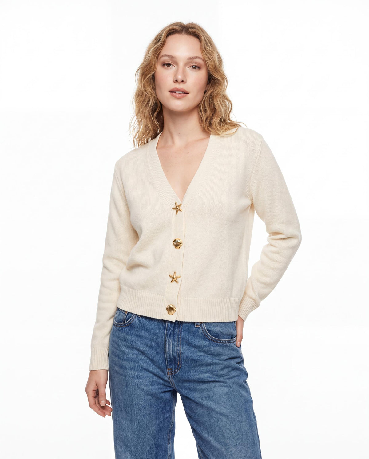 V-Neck Cardigan with Gold Novelty Buttons