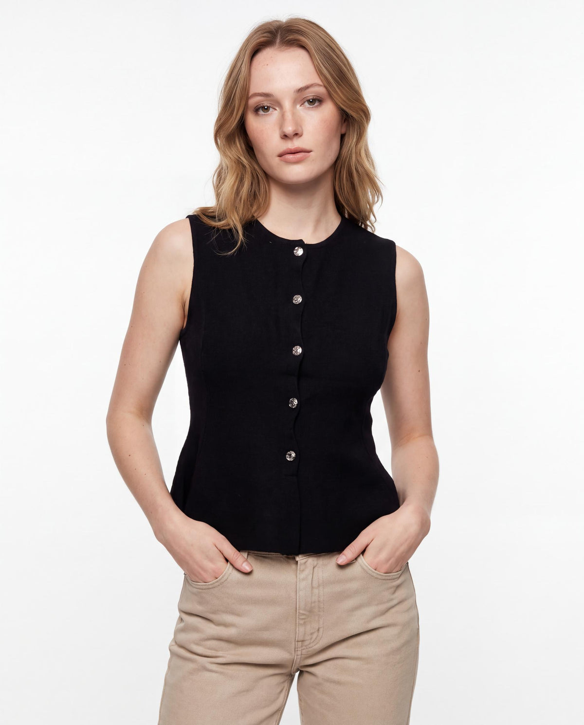 Sleeveless Button-Front Knit Vest Top