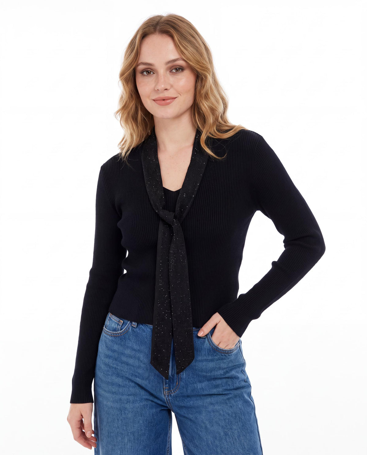 Ribbed Knit Top with Shimmer Tie Scarf Neck